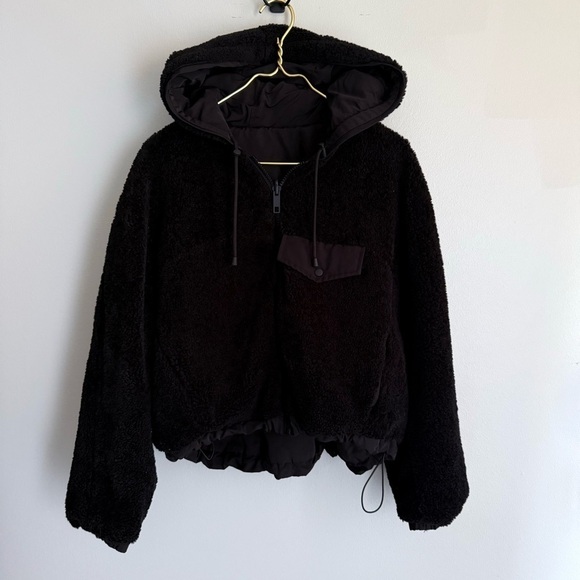 Zara women’s sherpa teddy reversible hooded bomber jacket black size large - Picture 5 of 9